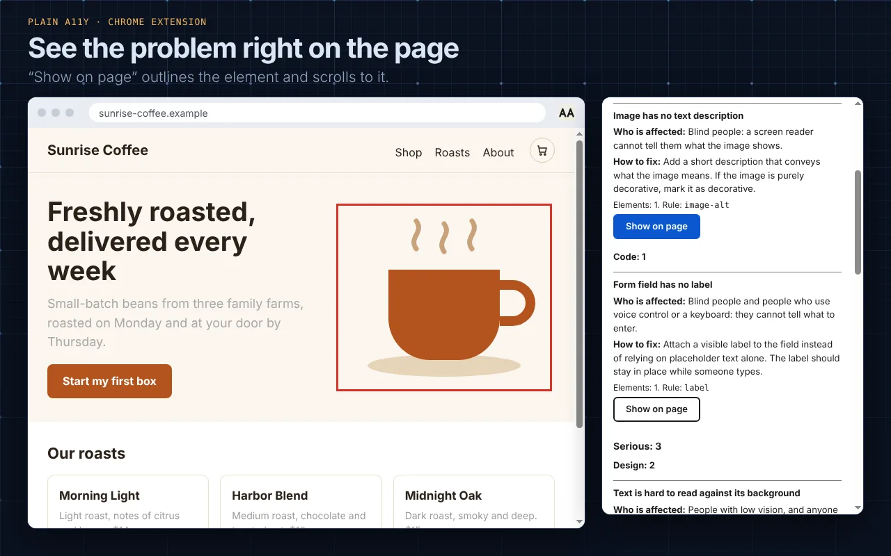 The coffee cup image on the page is outlined in red, and in the popup the Show on page button for that problem is pressed.