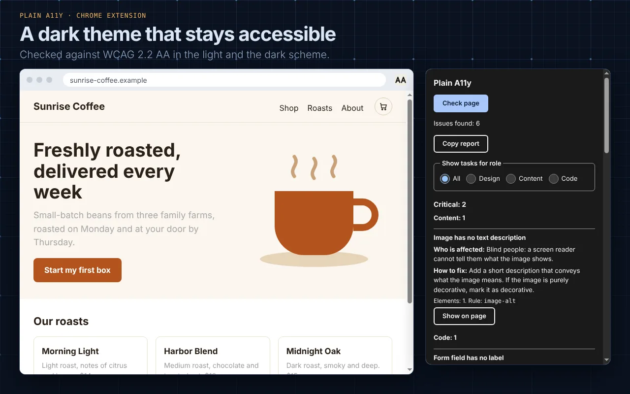 The popup in its dark theme next to the coffee shop page, with the same list of problems.